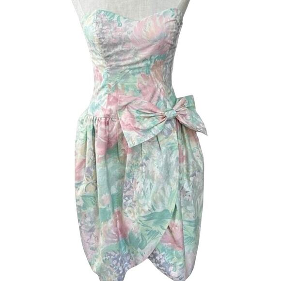 S.G. GILBERT Vintage 80s 90s Pastel Chintz Floral Strapless Bow Prom Dress - Picture 1 of 7